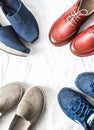 Variety of women`s shoes free walking style - slipons, espadrilles, sneakers, leather shoes on a light background, top view. Royalty Free Stock Photo