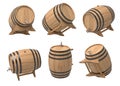 Variety of wooden barrels on white background