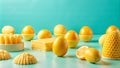 A variety of yellow objects, including eggs, lemons, and honeycomb, arranged on a blue surface Royalty Free Stock Photo