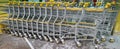 Yellow supermarket carts in row and photo horizontally