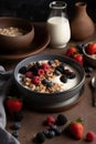 A bowl of muesli breakfast cereal and milk with berries AI generated Royalty Free Stock Photo