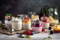 Variety of yogurts in portion glass jars. Healthy summer breakfast concept AI generated