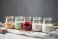 Variety of yogurts in portion glass jars. Healthy summer breakfast concept AI generated