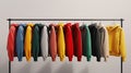 a variety of youth cashmere sweaters, hoodies, and sweatshirts arranged neatly on a clothes rack, suitable for mock-up