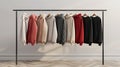 a variety of youth cashmere sweaters, hoodies, and sweatshirts arranged neatly on a clothes rack, suitable for mock-up