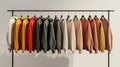 a variety of youth cashmere sweaters, hoodies, and sweatshirts arranged neatly on a clothes rack, suitable for mock-up