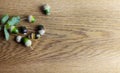 Various acorns on a cedr plank as a background decoration for the holiday Royalty Free Stock Photo