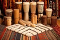 various african djembe drums arranged on a rug Royalty Free Stock Photo