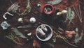 Various air element objects to use in witchcraft and wicca on a witch`s altar filled with evergreen, sage incense sticks