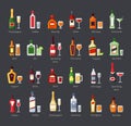 Various alcohol bottles with glasses flat icons set