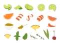 Various alcohol cocktail garnishes. Lime slices, orange wedge and twist, olives skewer, cutted pineapple, mint twig Royalty Free Stock Photo