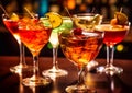 Various alcoholic cocktails on bar counter in night club.Macro.AI Generative