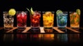 Various alcoholic cocktails stand in a row on the bar counter. AI Generated. Royalty Free Stock Photo