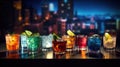 Various alcoholic cocktails on a wooden table. The city is in the background. Bar counter. AI Generated