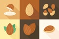 Various almond nuts in flat style on warm color background Royalty Free Stock Photo