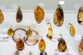 Various amber medallions on a glass shelf