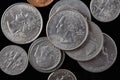 Various American money, Washington quarter dollar or 25-cent silver coin. Assorted Usa Coins. Money, Financial, Business Growth