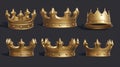 Various angles of golden king crowns. Realistic 3D modern illustration set of simple royal symbols made of gold Royalty Free Stock Photo