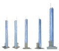 5 various angles views renders of fictional design skyscrapers with balconies with blue sky reflections - isolated, 3d