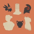 Various antique statues. Woman's head, torso, gladiator's helmet, antique vase.