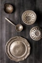 Various antique vintage dishes on black background Royalty Free Stock Photo