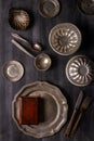 Various antique vintage dishes on black background Royalty Free Stock Photo