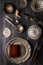 Various antique vintage dishes on black background Royalty Free Stock Photo