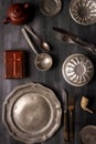 Various antique vintage dishes on black background Royalty Free Stock Photo
