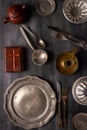 Various antique vintage dishes on black background Royalty Free Stock Photo
