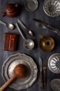 Various antique vintage dishes on black background Royalty Free Stock Photo