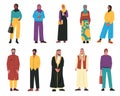 Various arabic people. Cartoon muslim male female characters, persons in traditional arabian clothes, woman in hijab man