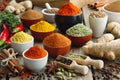 Various aromatic colorful spices and herbs. Ingredients for cooking, Ayurveda treatments Royalty Free Stock Photo