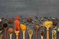 Various aromatic colorful spices and herbs in wooden spoons and scoops. Ingredients for cooking. Ayurvedic treatments. Top view