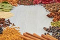 Various aromatic Indian spices and herbs on the gray kitchen table. Spices texture background with copy space