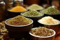 Various aromatic spices being carefully measured out in small bowls for cooking and seasoning