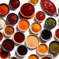 Various assorted sauces and condiments in bowls, cooking ingredients and spices Royalty Free Stock Photo