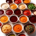 Various assorted sauces and condiments in bowls, cooking ingredients and spices Royalty Free Stock Photo