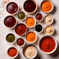 Various assorted sauces and condiments in bowls, cooking ingredients and spices Royalty Free Stock Photo