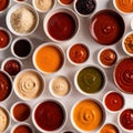 Various assorted sauces and condiments in bowls, cooking ingredients and spices