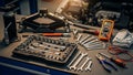 A typical garage setting emphasizing mechanical work and technical Royalty Free Stock Photo