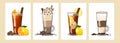 Various autumn winter hot drinks - lemon tea, rum punch, hot chocolate, latte coffee in tall glasses. Vector illustration of four Royalty Free Stock Photo