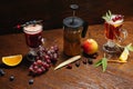 Various autumn or winter seasonal alcohol hot cocktails. Royalty Free Stock Photo