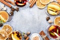 Various autumn or winter seasonal alcohol hot cocktails - mulled wine, glogg, grog, eggnog, warm ginger ale, hot buttered rum, Royalty Free Stock Photo