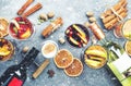 Various autumn or winter seasonal alcohol hot cocktails - mulled wine, glogg, grog, eggnog, warm ginger ale, hot buttered rum, Royalty Free Stock Photo