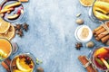 Various autumn or winter seasonal alcohol hot cocktails - mulled wine, glogg, grog, eggnog, warm ginger ale, hot buttered rum, Royalty Free Stock Photo