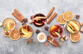 Various autumn or winter seasonal alcohol hot cocktails - mulled wine, glogg, grog, eggnog, warm ginger ale, hot buttered rum, Royalty Free Stock Photo