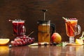 Various autumn or winter seasonal alcohol hot cocktails. Royalty Free Stock Photo