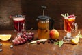 Various autumn or winter seasonal alcohol hot cocktails. Royalty Free Stock Photo