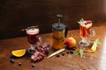 Various autumn or winter seasonal alcohol hot cocktails. Royalty Free Stock Photo