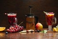 Various autumn or winter seasonal alcohol hot cocktails. Royalty Free Stock Photo